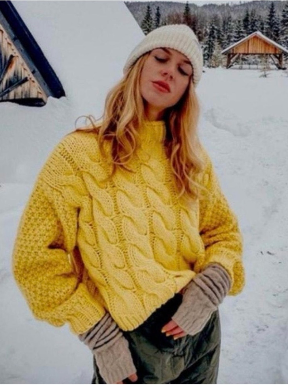 Zara Chunky Cable Knit Turtleneck Sweater - Yellow
